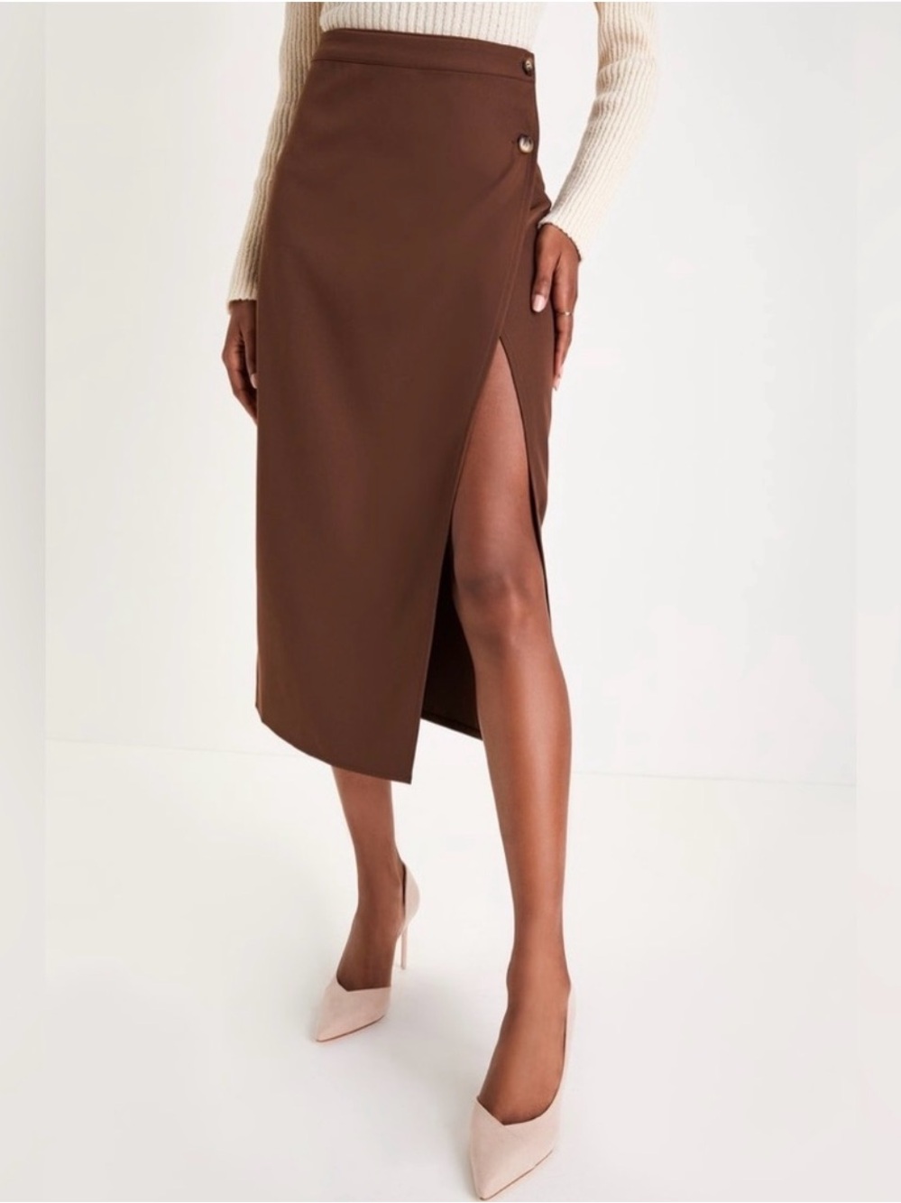 Lulu’s Perfect Sophistication Brown Wrap Midi Skirt with Side Slit NWOT